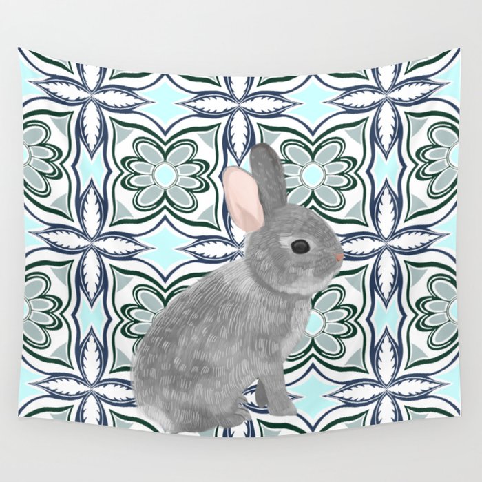 Cute bunny on gentle blue pattern Wall Tapestry