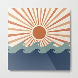 Retro, Sun and Wave Art, Blue and Orange Metal Print