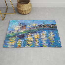 Seascape with mill Rug | Province, Village, Ruralview, Seascape, Sweethome, Kitchen, Brightcolors, Stylishdesign, Watercolor, Paintinglandscape 
