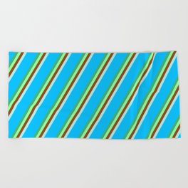 [ Thumbnail: Eyecatching Sea Green, Green, Brown, Turquoise, and Deep Sky Blue Colored Lined Pattern Beach Towel ]