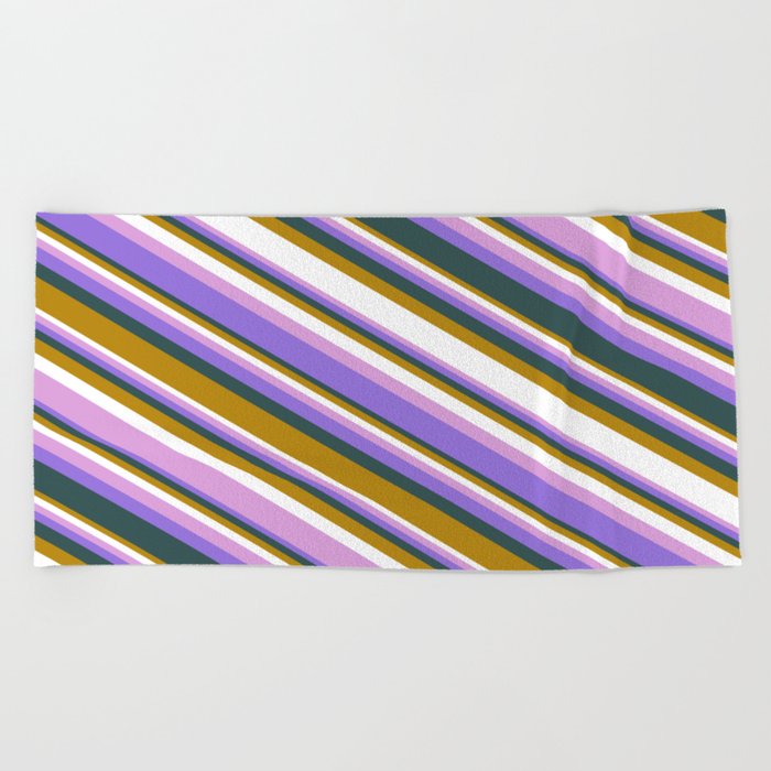Colorful Dark Goldenrod, White, Plum, Purple & Dark Slate Gray Colored Lines/Stripes Pattern Beach Towel