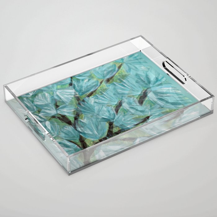 Abstract Teal Flowers on a Branch Painting Acrylic Tray