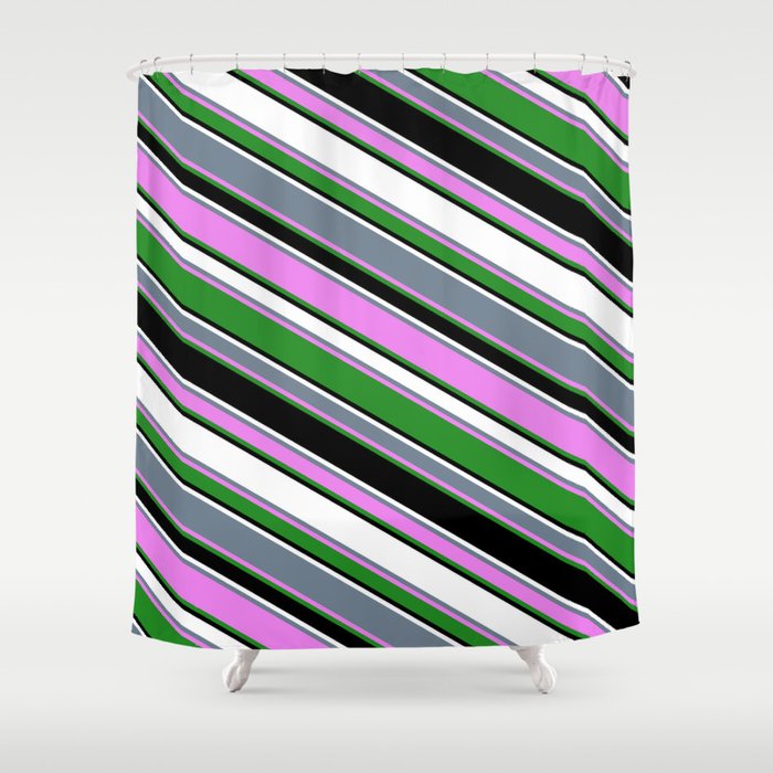 Vibrant Slate Gray, Violet, Forest Green, Black, and White Colored Stripes Pattern Shower Curtain
