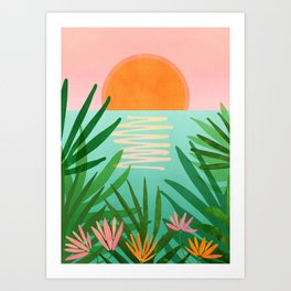 Tropical Views - Pink and Green Landscape Illustration Art Print