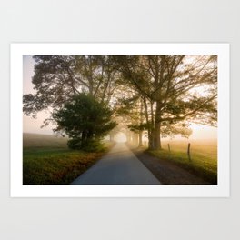 Daylight and Mist - Road with Warm Light in Great Smoky Mountains Art Print