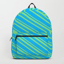 [ Thumbnail: Deep Sky Blue & Light Green Colored Lines/Stripes Pattern Backpack ]