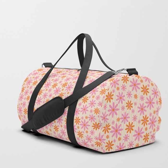  Retro 70s Groovy Daisy Pattern with Stripes, Hot Orange and Pink Duffle Bag