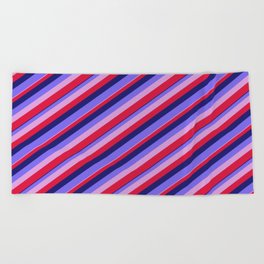 [ Thumbnail: Midnight Blue, Medium Slate Blue, Plum & Crimson Colored Stripes/Lines Pattern Beach Towel ]