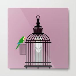 He can not enter, and she can not get out Metal Print | Vector, Aparrot, Digital, Adilemma, Drawing, Cage, Acat, Illustration, Comic 