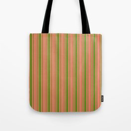 [ Thumbnail: Salmon and Green Colored Lines Pattern Tote Bag ]
