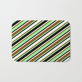 [ Thumbnail: Brown, Green, Black & Mint Cream Colored Lines/Stripes Pattern Bath Mat ]