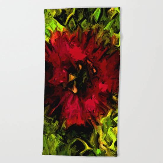 Red Flower and Green Leaves with Black Lines Beach Towel