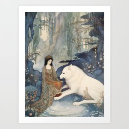 Girl and White Wolf Art Print