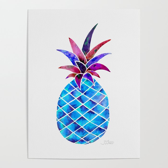 Pineapple Watercolor - Blue & Fuchsia Poster