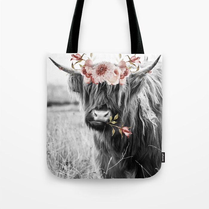 Highland Cow Landscape with Flowers Tote Bag