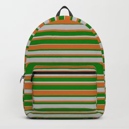 [ Thumbnail: Grey, Chocolate, and Green Colored Lined Pattern Backpack ]
