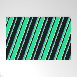 [ Thumbnail: Green, Tan, Black, and Indigo Colored Lines/Stripes Pattern Welcome Mat ]