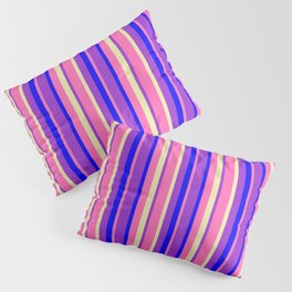 [ Thumbnail: Hot Pink, Pale Goldenrod, Dark Orchid & Blue Colored Stripes Pattern Pillow Sham ]