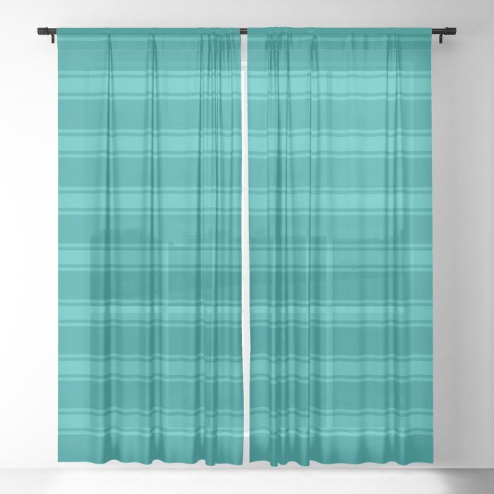 Dark Cyan and Light Sea Green Colored Lines/Stripes Pattern Sheer Curtain