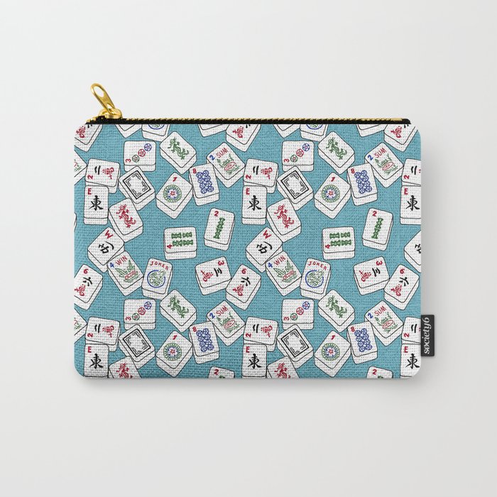 Mahjong Tiles Jumbled Across Aqua Background With Swirls Carry-All Pouch