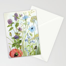 Floral Watercolor Botanical Cottage Garden Flowers Bees Nature Art Stationery Card
