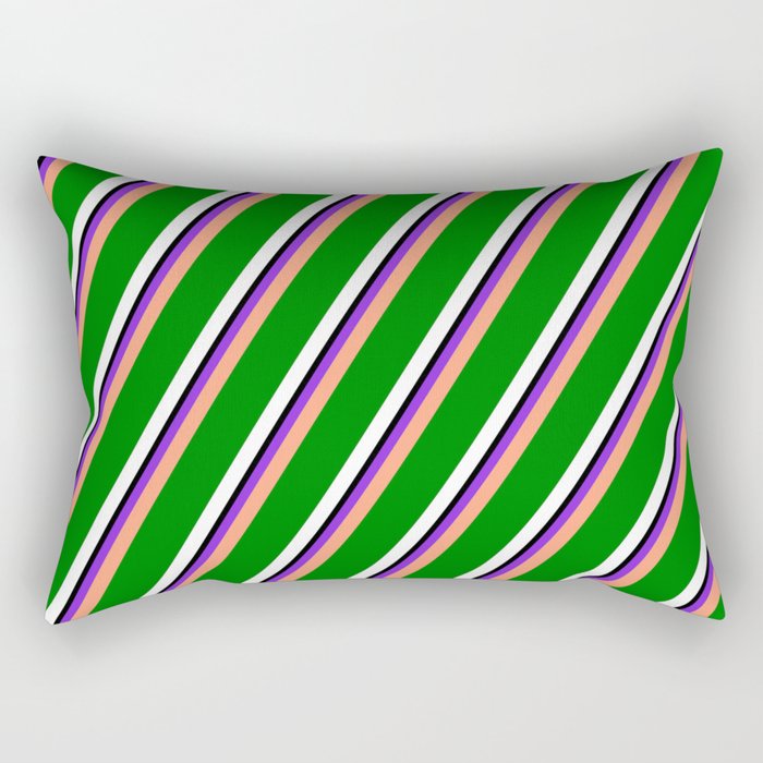 Purple, Light Salmon, Green, White, and Black Colored Striped/Lined Pattern Rectangular Pillow