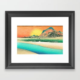 Sunrise at Shinzenn - Nature Ukiyo Landscape in Green, Blue and Orange Framed Art Print
