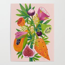 Exotic Fruits, Tropical Plants on Pink Background Poster