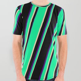 [ Thumbnail: Green, Tan, Black, and Indigo Colored Lines/Stripes Pattern All Over Graphic Tee ]