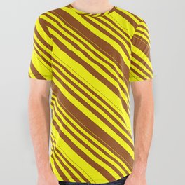 [ Thumbnail: Yellow & Brown Colored Stripes/Lines Pattern All Over Graphic Tee ]