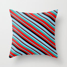[ Thumbnail: Black, Sky Blue, Light Sea Green & Red Colored Lines/Stripes Pattern Throw Pillow ]