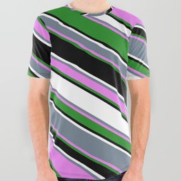 [ Thumbnail: Vibrant Slate Gray, Violet, Forest Green, Black, and White Colored Stripes Pattern All Over Graphic Tee ]