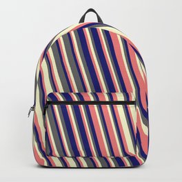 [ Thumbnail: Light Coral, Midnight Blue, Dim Grey, and Light Yellow Colored Stripes Pattern Backpack ]
