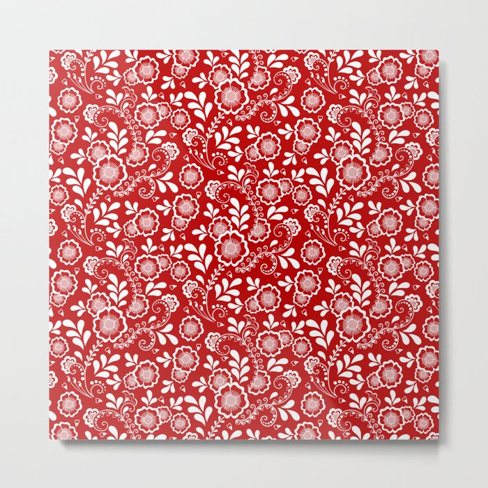 Red And White Eastern Floral Pattern Metal Print