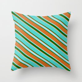 [ Thumbnail: Turquoise, Dark Green, Chocolate & Powder Blue Colored Lines Pattern Throw Pillow ]