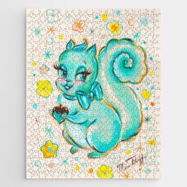 Vintage Inspired Teal Squirrel Woodland Art Jigsaw Puzzle