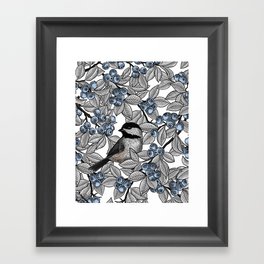 Chickadees on blueberry branches Framed Art Print