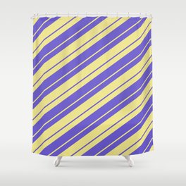 [ Thumbnail: Tan and Slate Blue Colored Lines/Stripes Pattern Shower Curtain ]