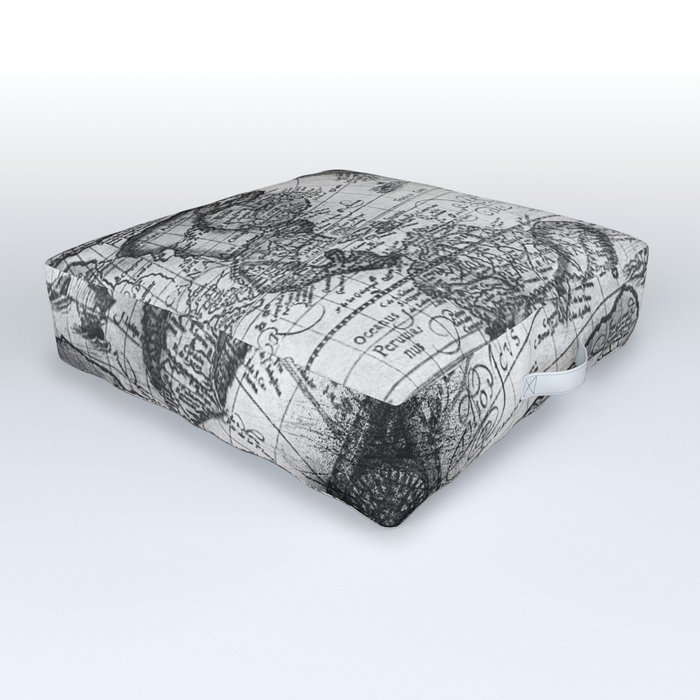 World Map Antique Vintage Black and White Outdoor Floor Cushion