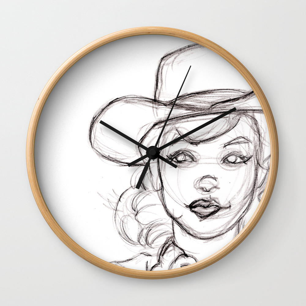 Pencil Drawing Sketch Of Retro Girl In Cowboy Hat Wall Clock By