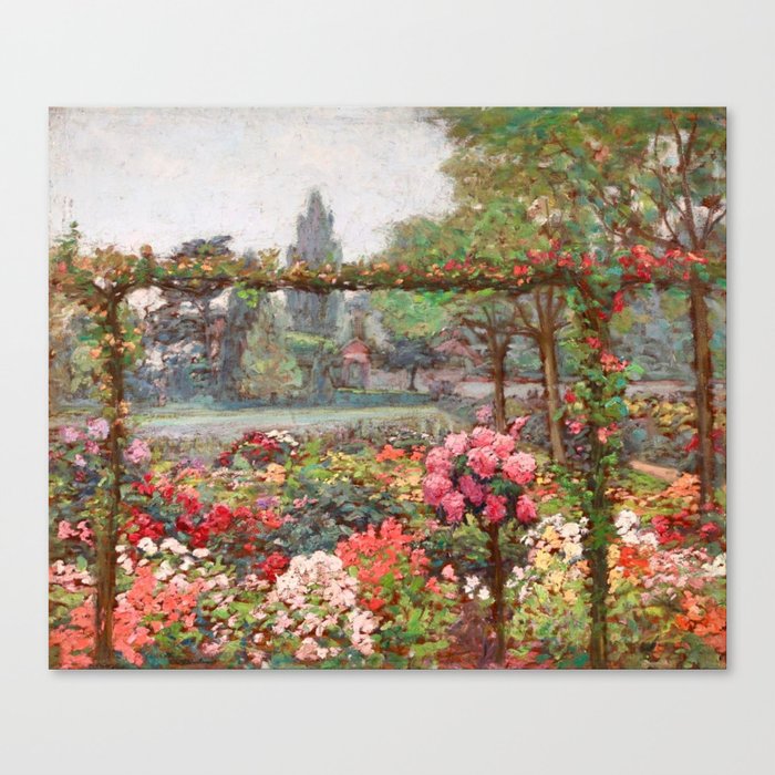 Un jardin d'ete flower garden with Cathedral - post impressionist flowers landscape oil by Octave Guillonnet Canvas Print