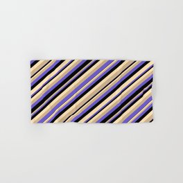 [ Thumbnail: Tan, Slate Blue, Black, and Beige Colored Stripes/Lines Pattern Hand & Bath Towel ]