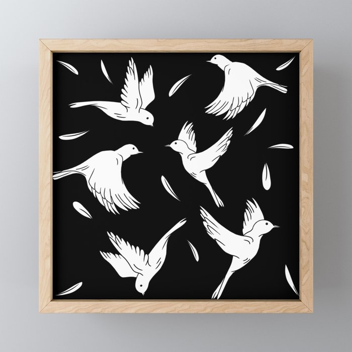 Little Birds Black and White Pattern Framed Mini Art Print