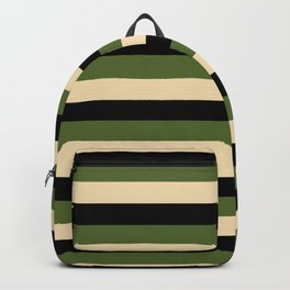 [ Thumbnail: Dark Olive Green, Tan & Black Colored Striped/Lined Pattern Backpack ]