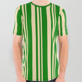 [ Thumbnail: Beige and Green Colored Lined/Striped Pattern All Over Graphic Tee ]