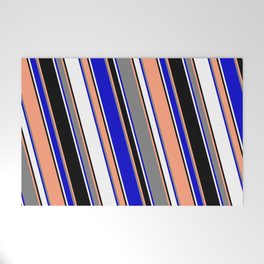 [ Thumbnail: Vibrant Light Salmon, Gray, Blue, White & Black Colored Lined/Striped Pattern Welcome Mat ]