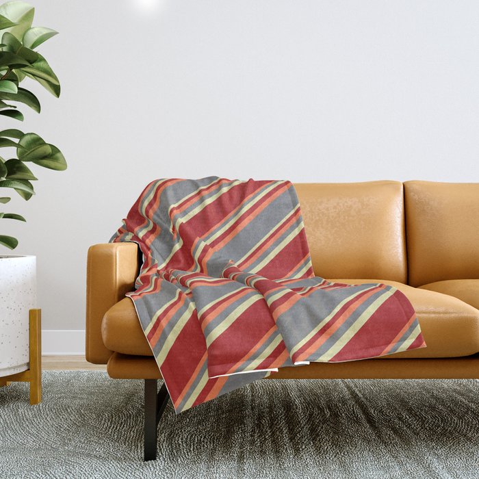 Coral, Grey, Pale Goldenrod, and Red Colored Striped Pattern Throw Blanket