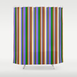 [ Thumbnail: Green, Medium Slate Blue, Pale Goldenrod, and Sienna Colored Striped Pattern Shower Curtain ]