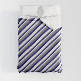 [ Thumbnail: Dark Gray, Dim Gray, Blue & White Colored Striped Pattern Duvet Cover ]