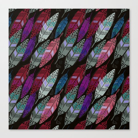 Multi colored feathers on black background . Canvas Print